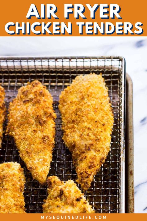 Golden-brown chicken tenders on an air fryer basket. Air Fryer Chicken Panko, Air Fryer Chicken Tenders Flour, Air Fryer Chicken Tenders Panko, Friend Chicken Tenders, Panko Crusted Chicken Tenders, Crispy Air Fryer Chicken Tenders, Healthy Chicken Tenders, Chicken Tenders Air Fryer, Panko Chicken Tenders