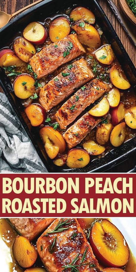 Bourbon Peach Roasted Salmon Ingredients: 4 salmon fillets 3 ripe peaches, halved and pitted 1/4 cup bourbon 2 tablespoons honey 2 tablespoons olive oil 1 tablespoon soy sauce 1 teaspoon Dijon mustard 2 garlic cloves, minced Salt and pepper to taste Fresh thyme for garnish (optional) #salmon #easyrecipes #camilarecipes Bourbon Salmon, Salmon Recipe Pan, Bourbon Glazed Salmon, Bourbon Glaze, College Meals, Impressive Recipes, Roasted Salmon, Quick Weeknight Meals, Salmon Fillets