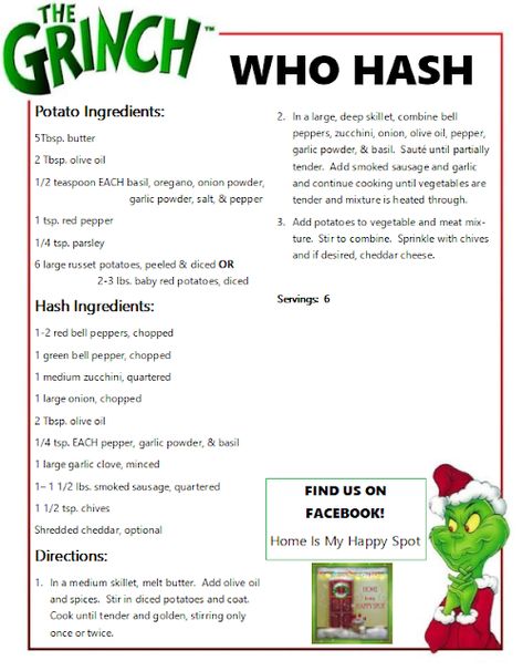 The Grinch's Who Hash Recipe Grinch Savory Appetizers, Grinch Christmas Brunch Ideas, Who Feast The Grinch, Grinch Themed Christmas Dinner, Who Hash Grinch, Christmas Menu Ideas Holiday Foods, The Grinch Movie Night Food Ideas, Roast Beast Grinch Recipe, Grinch Menu Printable