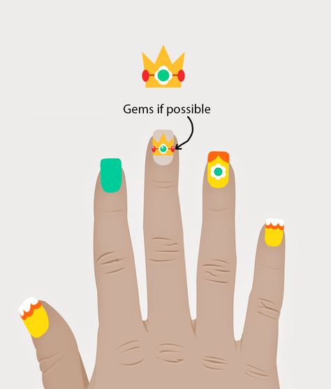 Princess Daisy Inspired Nails, Princess Daisy Nails, Rosalina Nails, Princess Daisy Makeup, Princess Peach Nails, Mario Nail Art, Tv Nails, Mario Nails, Mario Princess Daisy