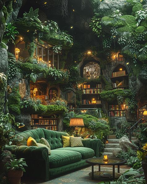 Embrace the whisper of lush greenery; where every corner is a chapter from an enchanted forest tale 🌿✨ . . . . #homedecor #decor #homeinterior #interior #midjourneyarchitecture #midjourneyinterior #midjourney #midjourney #midjourneyart #moss #surreal #architecture #conceptart #dreams #interiordesign Surreal Architecture, Library Aesthetic, Dark Green Aesthetic, Garden Windows, Fantasy House, Forest House, Bedroom Boho, Lush Greenery, Vacation Places