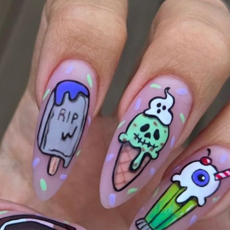 Janelle Akers on Instagram: "One ice cream coffin please! #summerween #halloweennails" Summerween Nails, Melted Ice Cream Nails, Nails With Ice Cream, Ice Cream Gel Nails, 3d Ice Cream Nail Art, Neapolitan Ice Cream Nails, Ice Cream Nails, Cute Nail Art, Halloween Candy