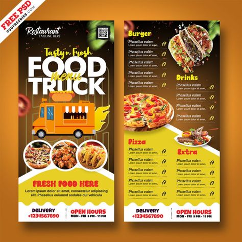 Premium Food Truck Menu PSD Template – PSDFreebies.com Food Truck Menu Pricing, Food Truck Flyer Ideas, Food Truck Advertising Ideas, Food Truck Menu Design, Food Truck Design Graphics, Food Truck Social Media, Food Truck Poster, Food Truck Template, Food Truck Menu Ideas