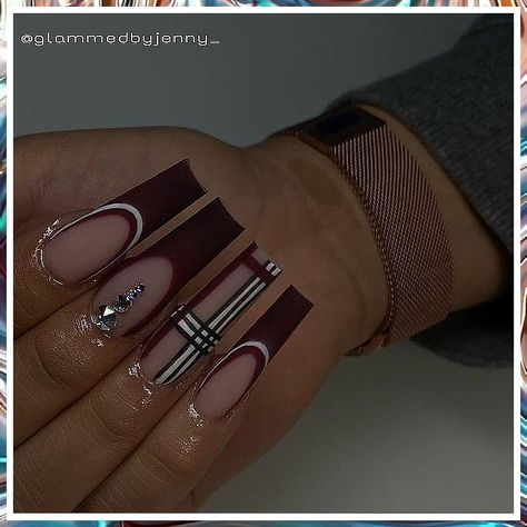 Christmas Nails - Ouch! - Struggling to find the solutions that you have been searching for? Look no further, get it NOW! Burgundy Burberry Nails, Burgundy Nail Ideas Acrylic Short, Pink And Burgundy French Nails, Fall Nails 2023 Burgundy, Burgundy Nails With Diamonds, Gel Nail Designs Burgundy, Burberry Nails Coffin, Fall Nail Designs 2022 Square, Burberry Acrylic Nails