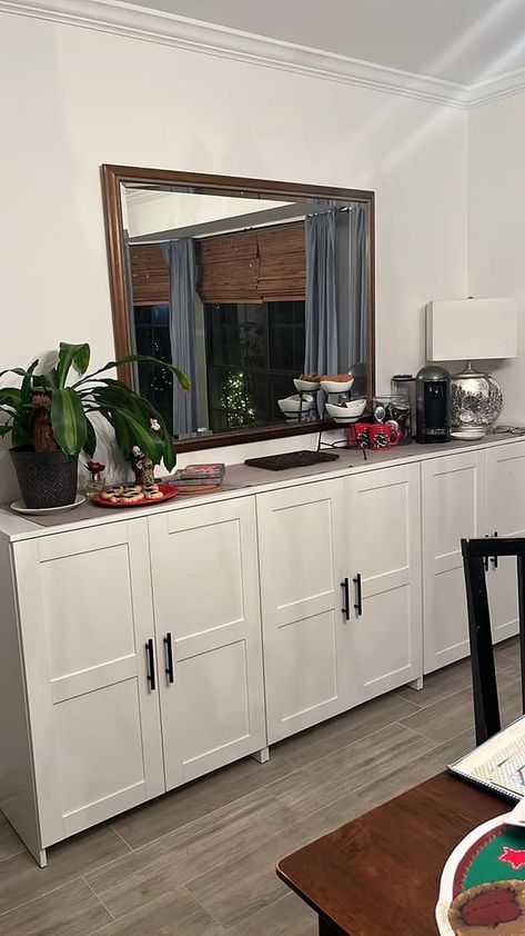 Ikea tips, hacks and more! | Not a hack but just got my wall built in dining room | Facebook Ikea Dining Room Storage, Dining Room Storage Wall, Dining Room Wall Storage, Dining Room Built In Buffet, Built In Dining, Ikea Dining Room, Dining Room Built In, Built In Buffet, Dining Room Shelves