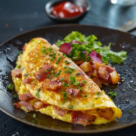 Recipe for Gourmet Omelette with Bacon and Ham Ingredients: 4 large eggs 1/4 cup milk or cream Salt and black pepper to taste 2 tablespoons butter 1/2 cup cooked bacon, chopped 1/2 cup cooked ham, diced 1/4 cup grated cheese (cheddar, Gruyere, or your favorite) 2 tablespoons fresh chives, chopped Fresh parsley, chopped (for garnish) Mixed greens (for serving, optional) Instructions: Prepare the Egg Mixture: In a medium bowl, whisk together the eggs, milk or cream, salt, and black pepper unti... Healthy Eggs Recipes, Egg Dish Recipes, Yummy Egg Breakfast Ideas, Egg Omlet, Bacon Omelette Recipe, Egg Food, Bacon Omelette Recipe Easy, Egg Omelette, Eggs And Bacon