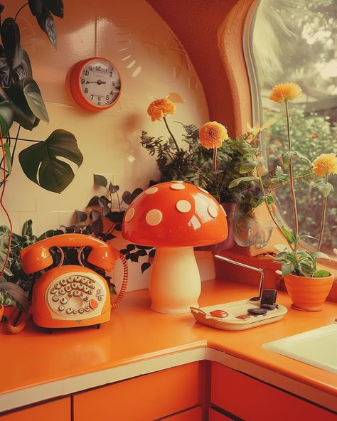 𝑳𝑺𝑽 | Prompt Engineer | POV: you’re about to call someone from your mushroom phone in your 70s retro kitchen. 10/10 relatable #interior #interiordesign… | Instagram 70s Maximalism, 70 House Decor, 70s House Interior Retro, 70s Retro House Aesthetic, 70s Groovy Room Aesthetic, Retro Aesthetic Photos, 70s Theme Kitchen, 70s Cottage, Groovy Kitchen