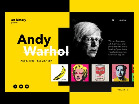 Pop Art Website Concept by Tanya Morenko Website Concept, Pop Art Artists, Abstract Graphic Design, Art Web, Art Apps, Pop Art Design, Web Layout Design, Website Layout, Web Template Design