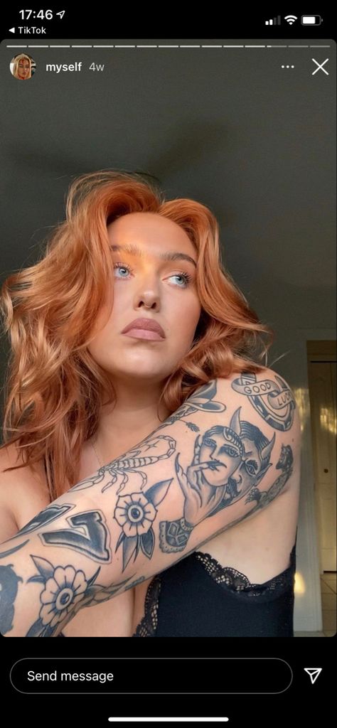 Red Head Tattoos, Redhead Tattoos, Hair Tattoo Girl, Redhead Painting Aesthetic, Red Hair Tattoos, Red Head With Tattoos, Curly Redhead Aesthetic, Tattoos Pretty, Light Red Hair