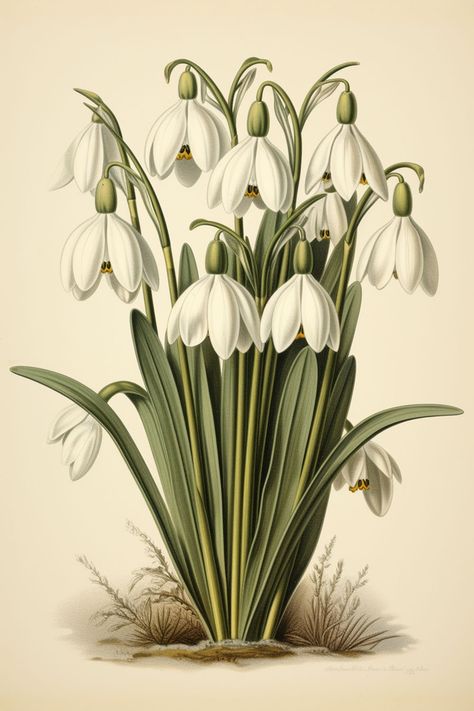 Snowdrop Botanical Illustration, Winter Plants Illustration, Snowdrops Flower, Snowdrop Flower, Snow Drops Flowers, Botanical Printables, Spring Illustration, Antique Botanical Print, Botanical Illustration Vintage