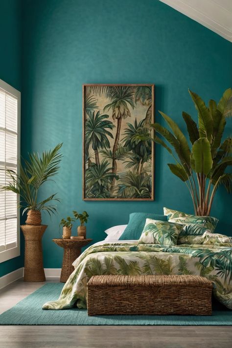 French Carribean Interior, Interior Design Turquoise, Tropical Beach Bedroom, Tropical Cottage Interiors, Tropical Guest Bedroom, Tropical Bedroom Ideas Caribbean, Resort Style Bedroom, Caribbean Homes Interiors, Palm Beach Bedroom