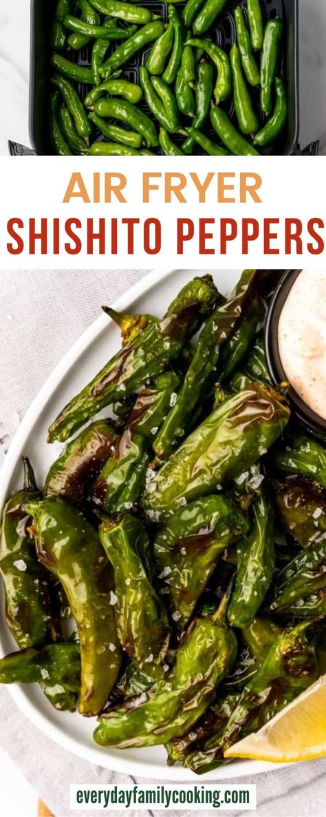 Air fryer shishito peppers are a unique and easy-to-make appetizer idea! Perfectly charred in the air fryer, they’re crispy and served with a sauce made with mayo, lemon, garlic powder, and paprika. Shishito Pepper Recipe, Shishito Peppers, Air Fryer Dinner Recipes, Air Fryer Healthy, Air Fryer Recipes Healthy, Veggie Side Dishes, Family Cooking, Peppers Recipes, Side Dishes Easy