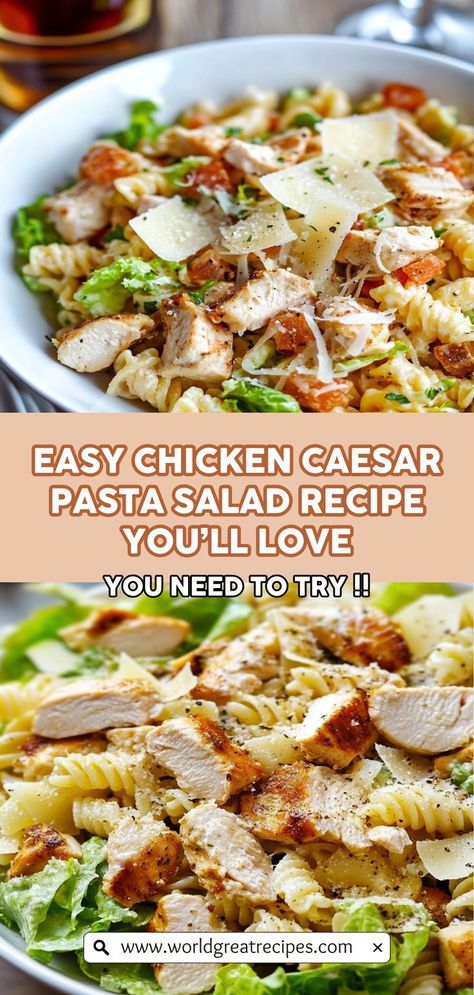 Discover how to prepare a simple yet delicious Chicken Caesar Pasta Salad that brings together all your favorite flavors in one bowl! With grilled chicken, rotini pasta, and fresh romaine lettuce, this dish is not only satisfying but also quick to whip up. The creamy Caesar dressing ties everything together, while the added croutons give you that perfect crunch. Ideal for meal prepping or a weeknight dinner, this recipe is sure to become a staple in your kitchen. Chicken Rotini, Quick Easy Family Meals, Creamy Caesar Dressing, Chicken Caesar Pasta, Chicken Pasta Salad Recipes, Caesar Pasta Salad, Caesar Pasta, Chicken Caesar Pasta Salad, Chicken Caesar