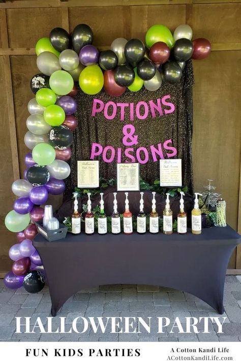 How I threw a Fun Kids Halloween Party with a Potions and Poisons Bar. We did a Halloween Movie Concession Stand all around Italian Soda Syrups. Checkout the Whole Blog Post. **** Cute, Not Scary Halloween Party Themes for Kids. Young Kids Party Ideas. Preschool Party, Kindergarten Classroom Party Ideas. October Birthday Party Ideas. Halloween Balloon Garland Witch Birthday Party Games, Halloween Party Decor For Adults, Halloween Themed Birthday Party Games, Halloween Party Stations, Halloween Adult Birthday Party, Halloween Party Prizes For Adults, Halloween Party Adult Ideas, Halloween Party Adult Games, Halloween Decorations Party For Adults