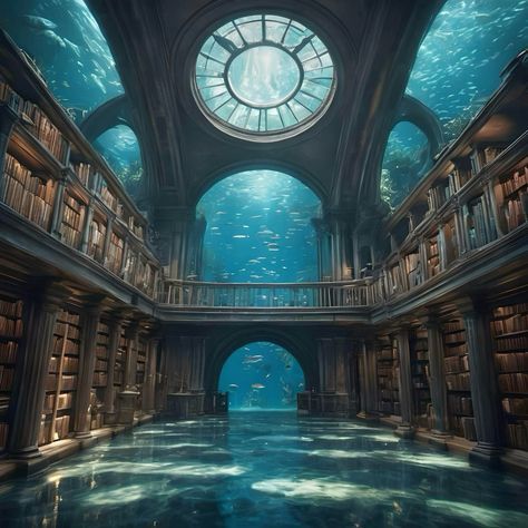 Underwater Library Fantasy Art, Underwater Building, Underwater Library, Mansion Concept Art, Mermaid City, Ocean Library, Underwater Castle, Water Castle, Mermaid Cave