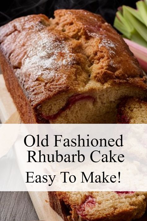 A sliced rhubarb loaf on a wooden cutting board with overlay text "old fashioned rhubarb cake; easy to make." Strawberry Rhubarb Loaf, Strawberry Rhubarb Bread Recipes, Frozen Rhubarb Recipes Baking, Rhubarb Recipes Cake, Rhubarb Loaf Recipes, Rhubarb Recipes Bread, Strawberry Rhubarb Bread, Rhubarb Bread Recipe, Rhubarb Loaf