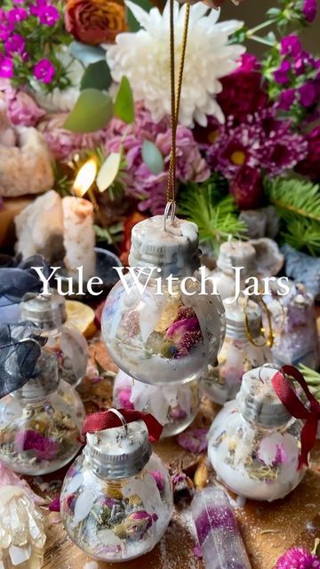 Spell Jar Christmas Ornament, Spell Jar Ornaments, Yule Altar In A Jar, Yule Spell Jar, Winter Solstice Tree, Yule Decor Ideas, Yule Jar, Yule Crystals, Yule Witch Ball