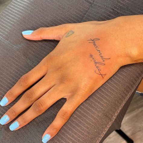 Luna Noel on Instagram: “🤎✨Cursive is my favorite always a pleasure meeting beautiful energy and being able to bless you guys with ink. Thankful ✨…” Cursive Hand Tattoo, May We Meet Again, Hands Tattoo, Cursive Tattoos, Beautiful Energy, Text Tattoo, Meet Again, Hand Tattoo, We Meet Again