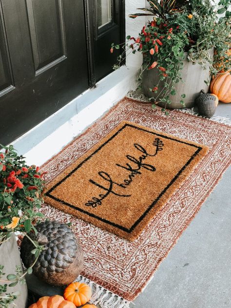 Layered Welcome Mat Front Door Fall, October Front Door Decor, Modern Front Porch Fall Decor, Fall Porch Mat, Halloween Front Porch Mat, Townhouse Front Door Decor, Cute Front Door Mats, Layered Door Mat Ideas Front Porch, Fall Door Mat Ideas