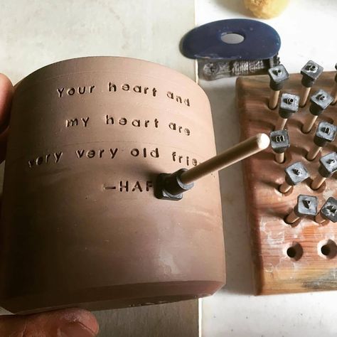 Mug @wishingstarpottery ・・・ "Each letter stamped one at a time. There is a meditation in the process of making." #pottery... Ceramic Cafe, Making Pottery, Beginner Pottery, Pottery Form, Pottery Pot, Cerámica Ideas, One At A Time, Letter Stamps, Pottery Techniques