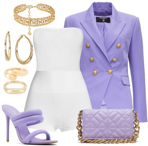 Purple Brunch Outfit Ideas, Lilac Blazer Outfit Classy, Baddie Purple Outfits, Classy Purple Outfits, Lavender Blazer Outfits For Women, Purple Brunch Outfit, Gold And Purple Outfit, Purple Blazer Outfits For Women, Lilac Purple Outfit