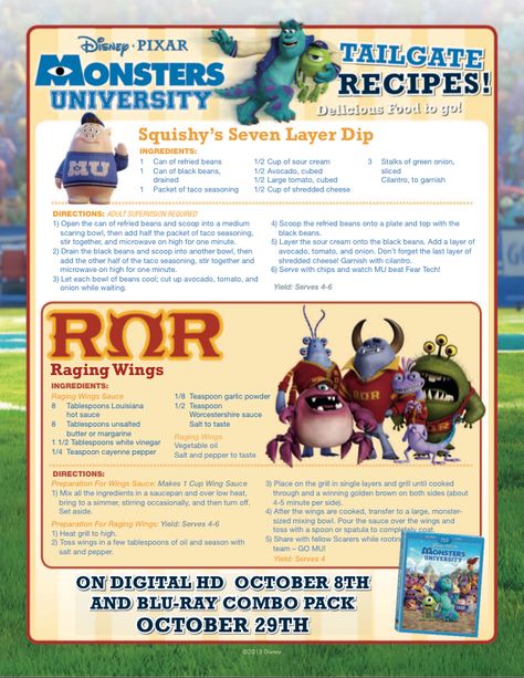 #MonstersUniversity Tailgate Recipe! Disney Cookbook, Movie Recipes, Disney Themed Movie Night, Disney Themed Food, Disney Movie Night Dinner, Disney Menus, Movie Food, Movie Night Dinner, Disney Dishes