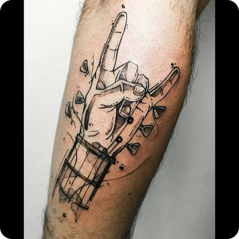 100+ Amazing Guitar Tattoo Ideas To Inspire Your Next Design Rock Roll Tattoo Ideas, Guitar Pick Tattoo Memorial, 502 Tattoo, Metal Band Tattoos Ideas, Rock Guitar Tattoo, Live Music Tattoo, Music Tattoo Guitar, Metal Music Tattoo Ideas, Guitarist Tattoo Ideas