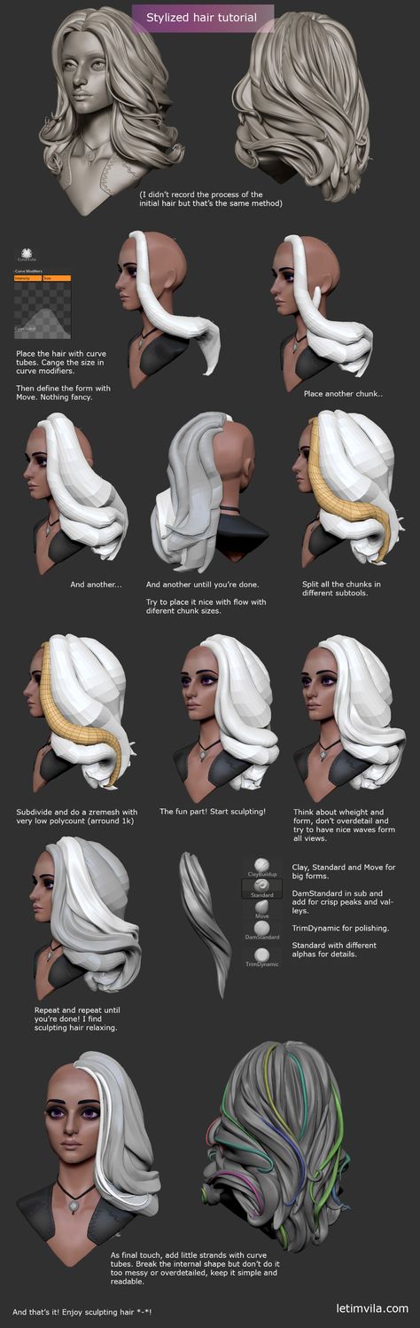 Stylized Hair, Zbrush Hair, Modelling Tips, Stylized Character, 3d Karakter, Zbrush Character, Sculpting Tutorials, Zbrush Tutorial, 3d Modeling Tutorial