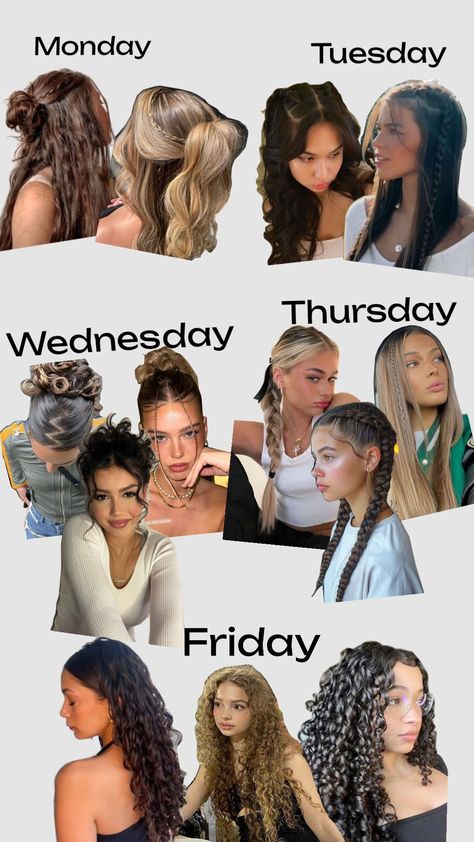 #fyp #hair #hairstyles #hairinspo #school #schoolhairstyles #week #schoolweek Cute Easy First Day Of School Hairstyles, Hairstyles Throughout The Week, Uk School Hairstyles, Hairstyles For The Week School, Week Hairstyles Ideas, Hair Of The Week, Cute Easy Hair Styles For School Fast, Weekly Hairstyles For School, Spirit Week Hairstyles