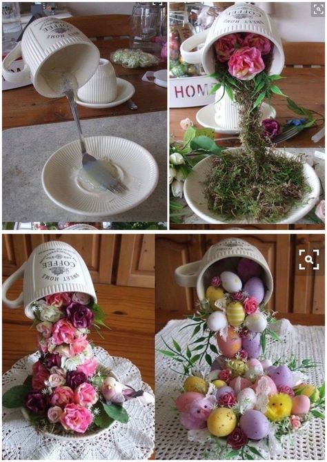 Tea Cups Diy, Cup And Saucer Crafts, Easter Centerpieces Diy, Dekoratívne Vence, Teacup Crafts, Deco Champetre, Easter Craft Decorations, Cup Crafts, Easter Crafts Diy