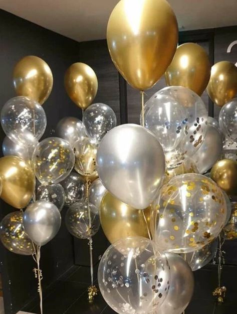 This mixture of silver, and gold confetti metallic latex balloons will be the perfect accent to any party! Their elegance makes them perfect for adult parties. Enjoy free shipping 17. Geburtstag, Gatsby Birthday Party, Prom Decor, Gold Confetti Balloons, Prom Theme, Golden Birthday, Gold Theme, Bachelorette Party Decorations, Gold Confetti