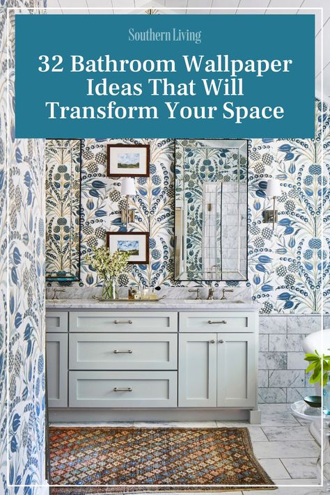 Wallpaper is a classic way to add character to smaller rooms. Before you begin, consider the moisture in your bathroom because it could warp the wallpaper over time. Half-baths are great for wallpaper because they don't have a shower, as are ensuite bathrooms in guest rooms that are used less often. #bathroomdesign #wallpaper #southernhome #smallspaces #classicstyle Bathroom Wallpaper Midcentury Modern, Tiny Powder Room Wallpaper, Wallpaper In Master Bath, Master Bath With Wallpaper, Wallpaper Behind Vanity Bathroom, Wallpapered Half Bathroom, Regency Era Wallpaper, Master Bath Wallpaper Ideas, Wallpapered Half Bath