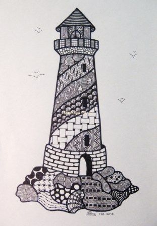 Zen Tangle 15 made by Miekrea NL - Lighthouse (colouring) - Febr. 2013 Drawing Ideas Doodles, Drawing Art Ideas, Ideas For Drawing, Zen Tangles, Zentangle Artwork, Zen Tangle, Zentangle Designs, Tangle Art, Zentangle Drawings