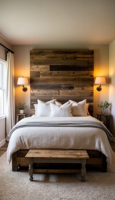 Rough Sawn Wood Wall, Rustic Farmhouse Bedroom Ideas, Rustic Bedroom Ideas, Wrought Iron Bed Frames, Rustic Farmhouse Bedroom, Reclaimed Wood Headboard, Farmhouse Bedroom Ideas, Wrought Iron Bed, Iron Bed Frame