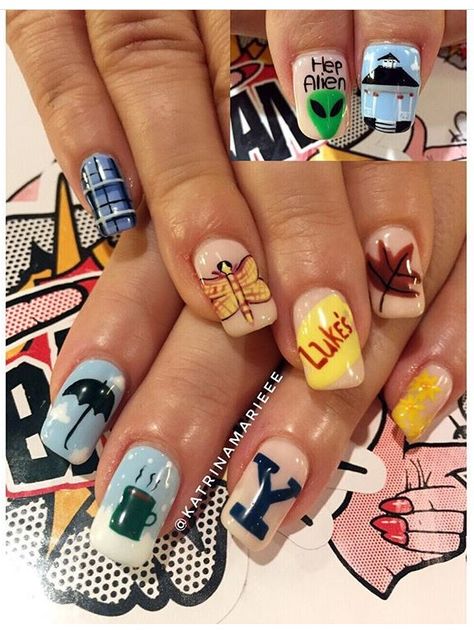 Gilmore Girls nails from Fingerbang Portland! Friends Tv Show Thanksgiving Nails, Movie Nails Art, Tv Show Nail Art, Gilmore Girls Nails Aesthetic, The Office Nails, Tv Show Inspired Nails, Gilmore Girls Nails, Movie Inspired Nails, Bookish Nails