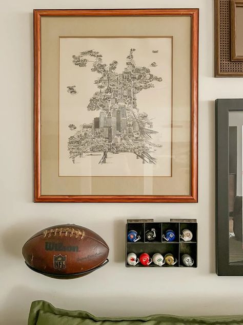 Football Decor Gallery Wall for the "Man Cave" Mens Gallery Wall, Gallery Wall Objects, Man Cave Aesthetic, Greenwich Apartment, Sports Memorabilia Room, Football Home Decor, Football Nursery, Vintage Sports Decor, Football Wall Decor