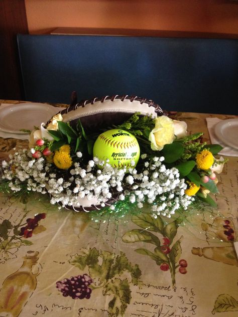 Softball Quinceanera Ideas, Softball Senior Night Flowers, Softball Memorial Ideas, Softball Sweet 16 Party Ideas, Softball Banquet Decorations, Senior Softball Table Ideas, Softball Table Decorations, Softball Table Centerpieces, Softball Centerpieces Banquet