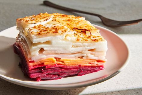 Ombré Potato and Root Vegetable Gratin Ombré Gratin Recipe, Root Vegetable Gratin, Vegetable Gratin, Carla Hall, Tv Chefs, Fresh Recipes, Root Vegetable, Vegetarian Entrees, Best Cookbooks