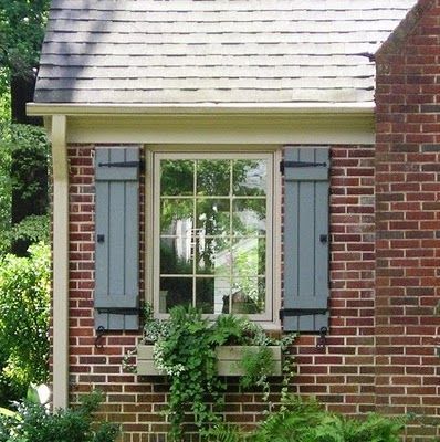 Exterior Shutters On Brick, Brick Window, Outdoor Shutters, House Shutters, Blue Shutters, Exterior Stairs, Brick Ranch, Pintura Exterior, Red Brick House