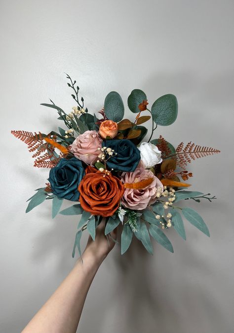 Teal And Brown Wedding Ideas, Burnt Orange And Dark Teal Weddings, Teal And Terracotta Wedding, Wedding Dark Teal, Teal And Rust Wedding, Dark Teal And Rust Orange Wedding, Dusty Rose Bridesmaids, Burnt Orange Bouquet, Terracota Wedding