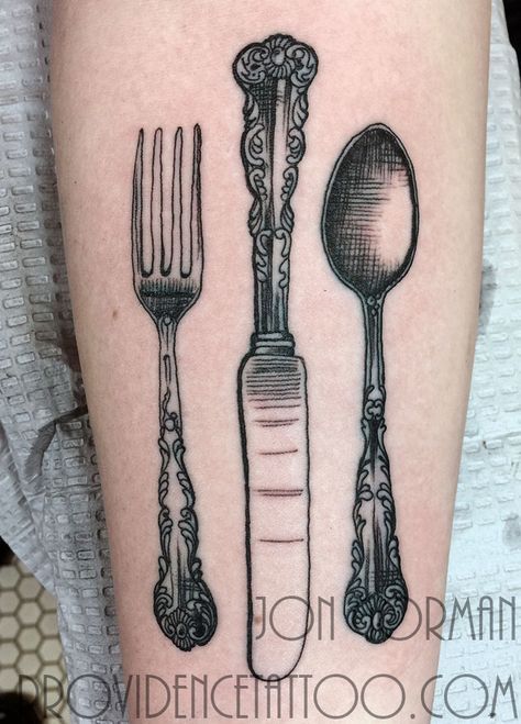 #silverware tattoo done by jon gorman at providence tattoo  #providencetattoo #jongorman #silverwaretattoo #cheftattoo #cutlery #fork #knife #spoon #blackandgrey Spoon And Fork Tattoo, Silverware Tattoo, Cutlery Tattoo, Chef Tatoos, Chefs Tattoo, Fork Tattoo, Spoon Tattoo, Providence Tattoo, Love Life Tattoo