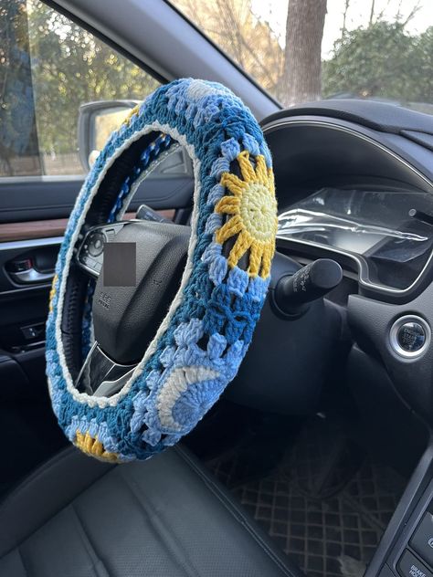 Handmade Crochet Sun and Moon Car Steering Wheel Covers Universal 14-15 inch for Women and Men (Steering Wheel Cover) Crochet Sun And Moon, Wheel Cover Crochet, Steering Wheel Cover Crochet, Car Interior Diy, Crochet Sun, Hippie Car, Girly Car Accessories, Cool Car Accessories, Crochet Car