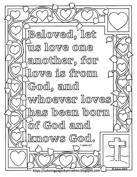 A free print and color page for 1 John 4:7. Let us love one another Bible verse. Some people feel that if they color the words to the verse it is easier to memorize the scripture. I drew this to be like an ancient illuminated text. I have hundreds more at my blog, https://coloringpagesbymradron.blogspot.com/ Illuminated Text, 1 John 4 7, Turtle Pictures, Coloring Bible, Children Church, Bible Verse Coloring Page, Coloring Posters, Scripture Coloring, Bible Verse Pictures