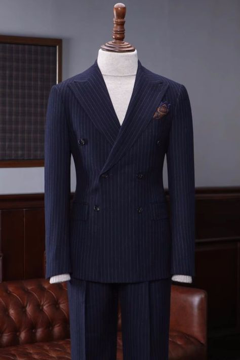 Cameron Handsome Navy Blue Striped Peaked Lapel Double Breasted Business Suits Blue Striped Suit, Bleached Tips, Blue Suit Men, Suits Online Shopping, Business Suits, Suit Men, Formal Suits, Business Suit, Men's Wear