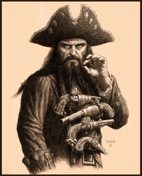 Captain Blackbeard , whose sketch bears a curious resemblance to Al Swearengen from Deadwood. ( Both characters were played by Ian McShane ;-) Pirate History, Famous Pirates, Kaptan Jack Sparrow, Pirate Tattoo, Pirate Art, Pirate Hat, Black Beards, American Colonies, Black Sails