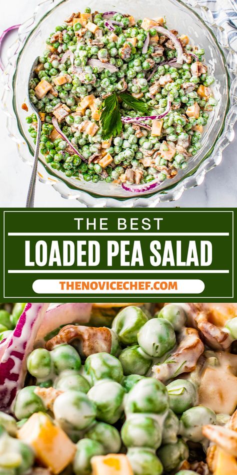 This creamy Loaded Pea Salad with bacon and cheddar cheese is served chilled and bursting with fresh flavor! It's the perfect summer potluck dish that everyone loves! Creamy Pea Salad, Summer Potluck Dishes, Bacon Pea Salad, Pea Salad With Bacon, Simple Side Salad, Green Pea Salad, Summer Potluck Recipes, Perfect Salad Recipe, Best Baked Beans