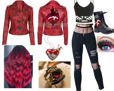 Descendants Shifting Outfits, Red Villain Outfit, Queen Of Heart Inspired Outfit, Descendants Dr Outfits, Vk Outfits Descendants, Descendants Inspired Outfits Red, Descendants 4 The Rise Of Red, Horror Nights Outfit Ideas, Queen Of Hearts Aesthetic Outfits