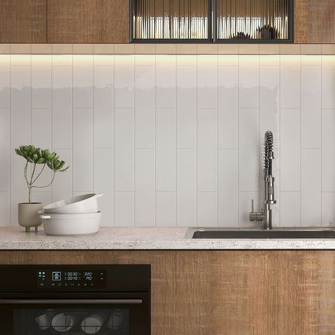 white subway tiles - Google Search Kitchen Tiles White, Vertical Brick, Large Floor Tiles, Kitchen Mosaic, Mosaic Tile Kitchen, White Kitchen Tiles, White Kitchen Backsplash, White Shaker Kitchen, Yellow Tile