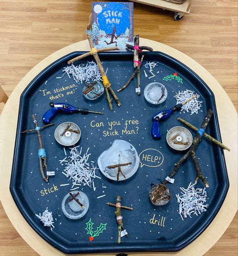 Stick Man Julia Donaldson Activities, December Activities Eyfs, The Stickman Activities Eyfs, The Snowman Eyfs, Eyfs Stickman Activities, December Provocations Kindergarten, Stick Man Tuff Tray Ideas, Forest School Tuff Tray, Stickman Tuff Tray Ideas