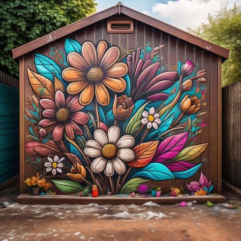 Flower Mural Door, Backyard Mural Ideas Wall, Outdoor Wall Murals Backyards, Backyard Mural Ideas, Shed Mural, Hedgehog Garden, Mural Outdoor, Woods Living, Mural Garden